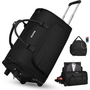 Rolling Garment Bags for Travel, 59L Rolling Duffle Bag with Wheels and Shoe Compartment for Men and Women, 3 in 1 Carry on Convertible Travel Garment Bag with Wheels, Black