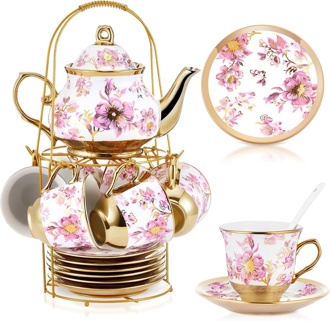 Zhehao Porcelain Tea Set with Metal Holder and Spoon Adult Ceramic Tea Set European Flower Painting Teapot Cup Saucer Spoon for Women Mom Gift, Large Version(Purple Style,20 Pcs)