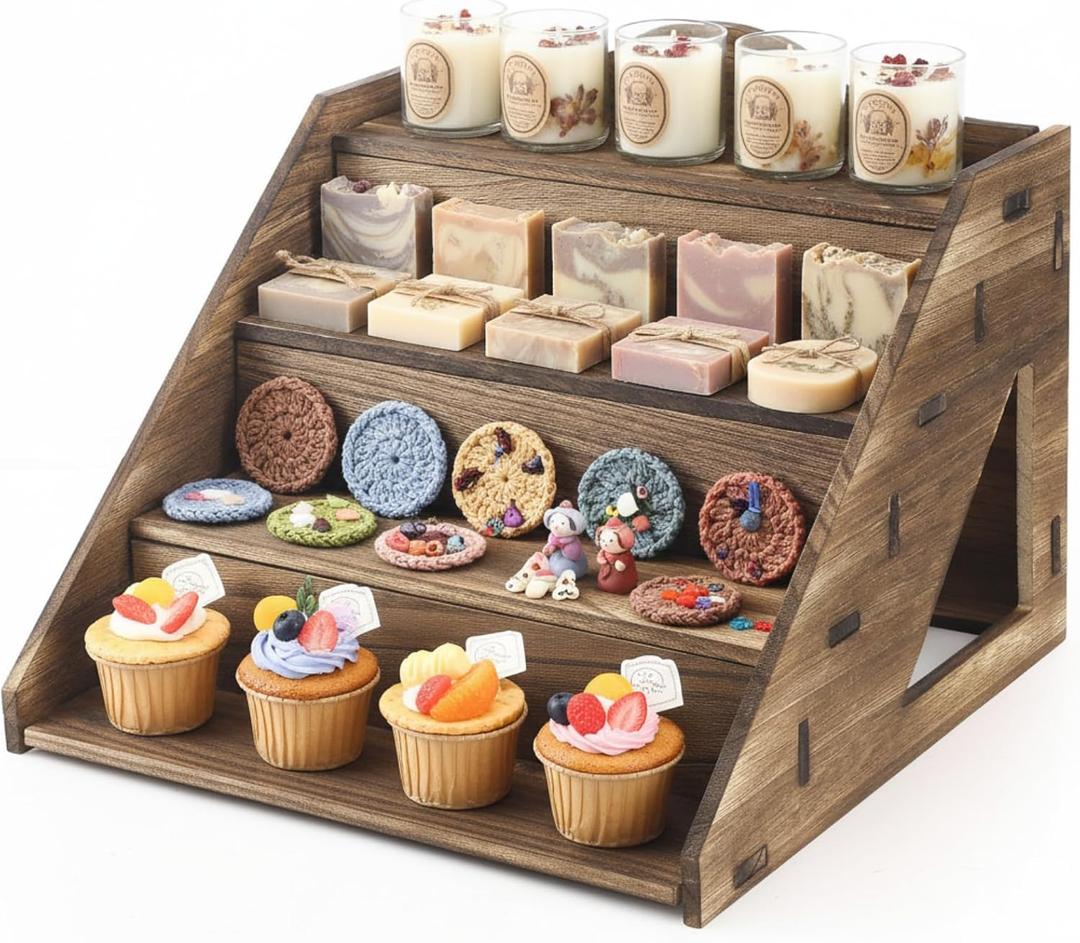 Yousoontic 4 Tier Wooden Soap Display Stand for Craft Shows Farmers Market Craft Fair Display Rack Portable Riser for Vendor Candle Cupcakes Jewelry Tumblers