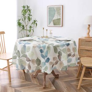 Randall Leaf Printed Tablecloth Round Colorful Vivid Abstract Floral Botanical Print Table Cloth for Home Dining Kitchen and Picnic Waterproof Table Cover (6-8 Seats, Blue/Green/Tan, 70 Inches Round)