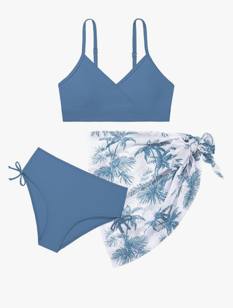 Teen Girls Swimsuit 3 Piece V-Neck Color Block Floral Print Bikini Set with Cover Up Skirt Swimwear Bathing 15-16 Y