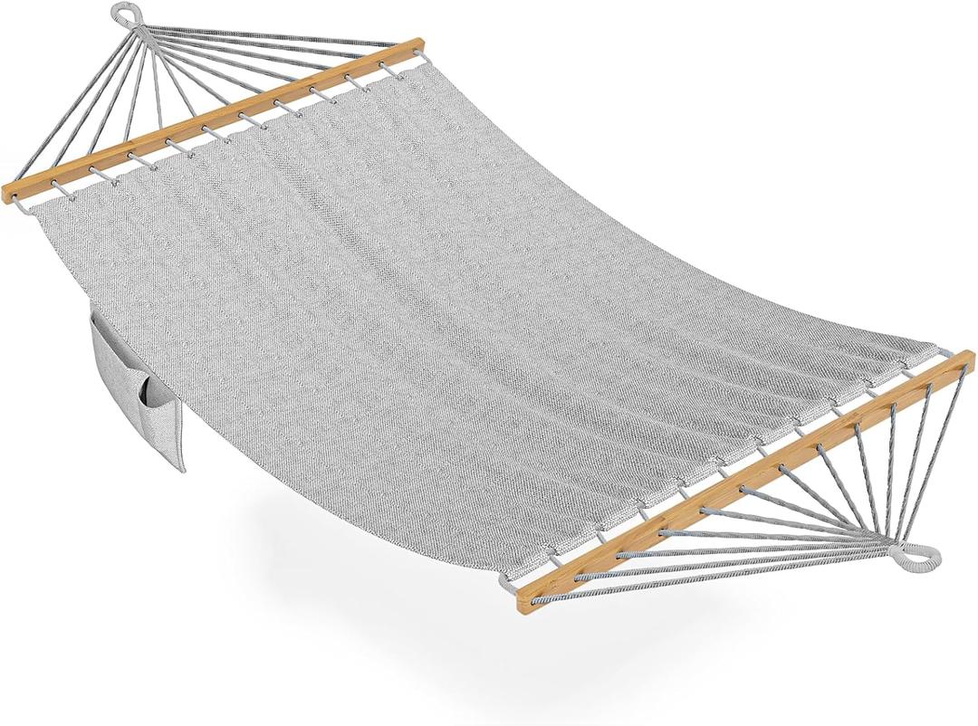 Hammock for Outside, Double Hammocks Without Stand, 2 Person, Spreader Wooden Bar, Side Storage, for Outdoor, Indoor, Patio (Light Grey)