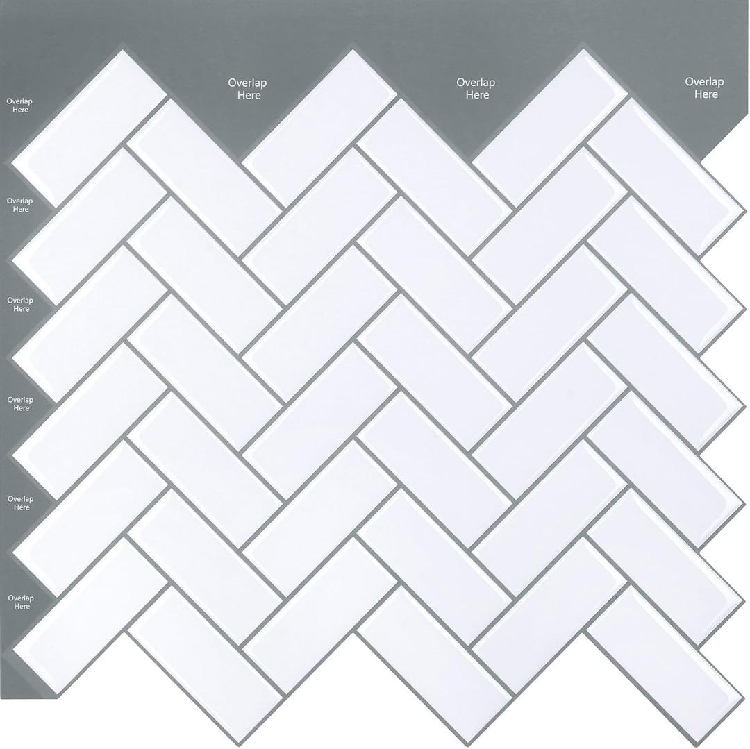 White Herringbone 3D Peel and Stick Backsplash Tile - 10 Sheets Glossy Wall Tiles for Kitchen Bathroom PVC Self Adhesive Tiles for Walls Fireplace 12"x12"