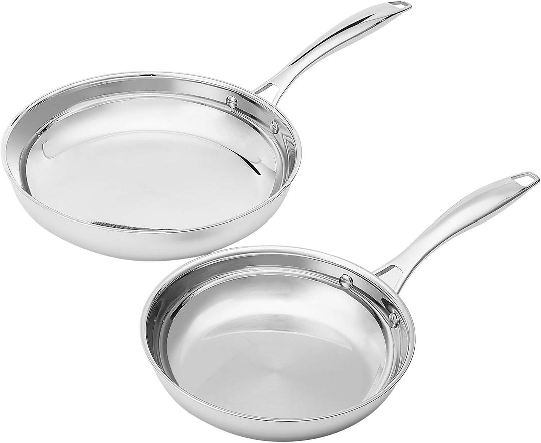 2 x Amazon Basics 2-Piece Stainless Steel Induction Frying Pan Set, Oven Safe, Riveted Handle, Heat Distributes Evenly, 8-inch & 10-inch, Silver
