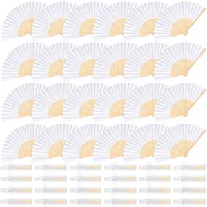 24 Pieces White Hand Held Bamboo Folding Fans Paper Fans Handheld for Women Foldable Girls Wedding Decoration Church Home Party Favors Summer
