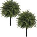 2 Pack Artificial Cedar Topiary Trees with Ground Spike 20.86" Faux Pine Shrubs Bushes UV Resistant Faux Evergreen Cedar Ball Tree for Front Door Porch Planters Indoor Outdoor Spring Summer Decor