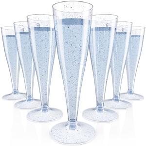 JOLLY CHEF 100 Pack Plastic Champagne Flutes Disposable 4.5 oz Blue Glitter Plastic Champagne Glasses Perfect for Wedding, Thanksgiving Day, Christmas