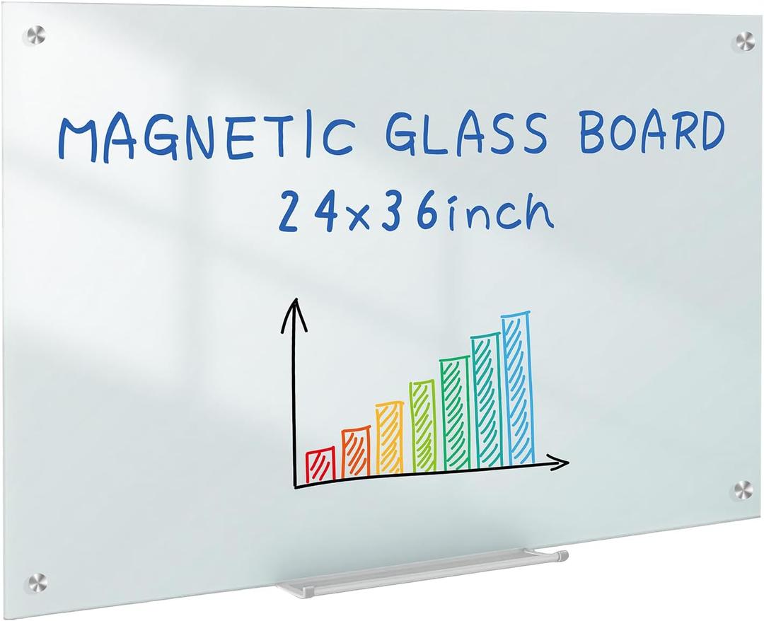 36x24 Magnetic Glass Dry Erase Board, Frameless Whiteboard for Wall | Non-Ghosting Smooth Tempered Glass Whiteboard with 4 Magnets for Office, Home & Classroom Organization
