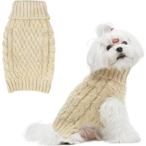Turtleneck Small Dog Sweaters - Classic Cable Knitwear Winter Coat for Small Medium Dogs Male Female Puppy Dog Cold Weather Clothes Girls Boys, Cream, (Small, BACK 12", CHEST 16")