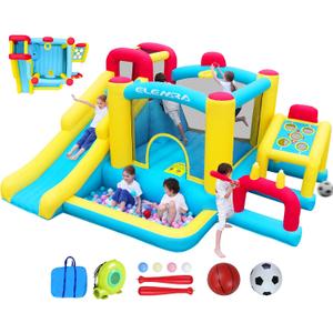 ELEMARA XL Inflatable Bounce House, 7 in 1 Bouncy House with Blower, Kids Bounce House with Slide,Jumping Area,Baseball/Soccer Area,Basketball Hoop,Climbing Wall, Jumping Castle for Indoor/Outdoor (Blue-yellow)