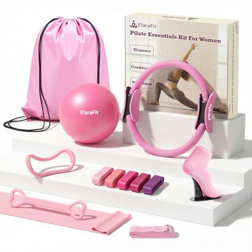 ElaraFit Home Pilates Ring and Ball Set for Women with 5 Resistance Bands 13 inch Magic Circle Workout Starter Kit for Beginners Full Body Toning 15 Min Daily Routine,Gradient Pink