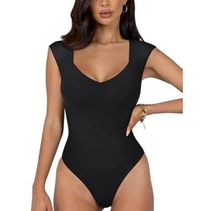 REORIA Butsmooth® Women's Trendy Sexy Casual V Neck Double Lined Sleeveless Slimming Going Out Tank Top Bodysuits, XL
