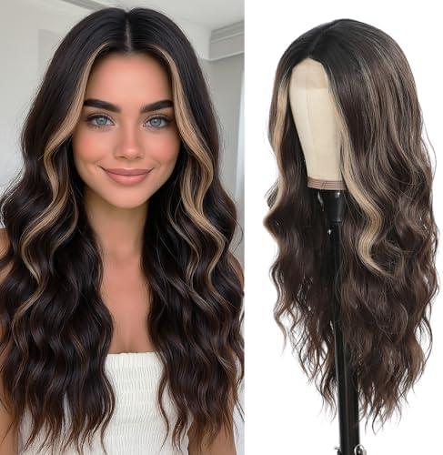 Long Brown Wig for Women 26Inch Wavy Curly Brown Highlight Blonde Hair Wigs Synthetic Hair Replacement Wig Heat Resistant Hair Wig for Daily Party Use Halloween Costume Wigs