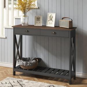 ChooChoo Farmhouse Console Table with Drawer for Entryway, Narrow Long Entry Table with Shelf for Living Room, Rustic Vintage Hallway Sofa Table with Stable X Supports, 40 Black, 39.37"W*11.81"D*31.5"H