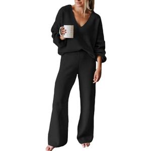 Fixmatti Women 2 Piece Knit Set Long Sleeve Pullover Sweater Top Wide Leg Pant Sweatsuit Outfits (Medium, Black)
