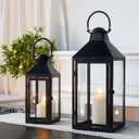 JHY DESIGN Set of 2 Black Decorative Lanterns 17.5inch & 13.5inch Metal Candle Lanterns for Indoor Outdoor Events Paritie and Weddings Vintage Style Hanging Lantern
