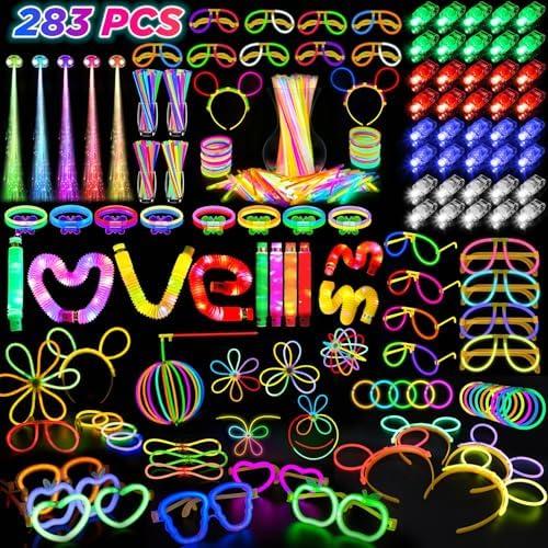 SHQDD Glow in the Dark Party Favors for Adults Kids, 27 Carnival Accessories, 56 LED Light Up Toys Bulk, 100 Glow Sticks Party Pack, Neon Party Supplies & Decorations