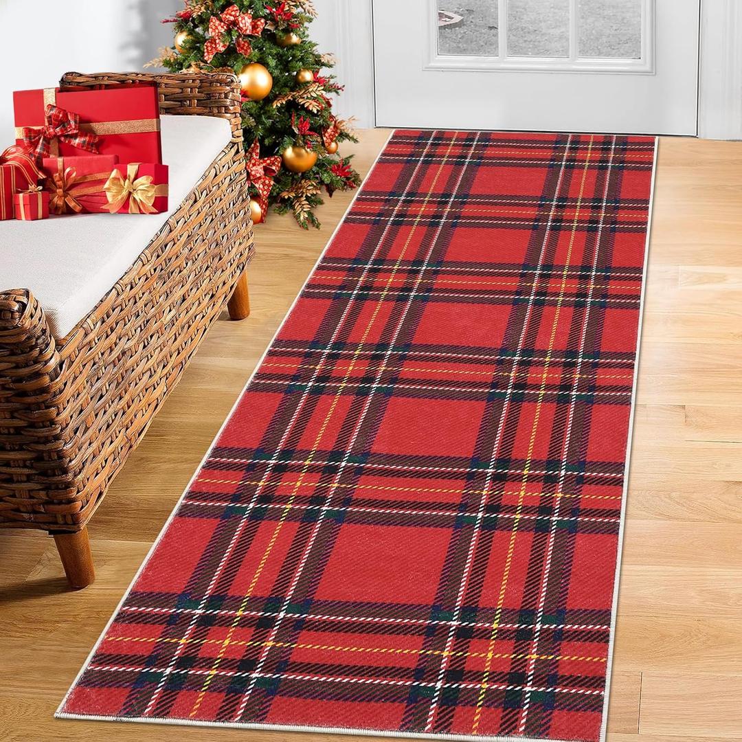 ROYHOME Christmas Runner Rug Buffalo Plaid Hallway Rug Holiday Decorative Gingham Check Runner Machine Washable Non-Slip Floor Cover Carpet for Kitchen Laundry Bedroom, Red, 2x6 Feet