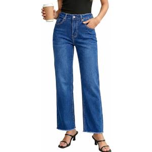 GRAPENT Straight Leg Jeans for Women High Waisted Stretchy Frayed Raw Hem Loose Denim Pants Casual Baggy Jean Trousers (Blue, M)