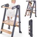 Foldable Toddler Tower, Kitchen Stool Helper, Standing Tower with 3 Adjustable Heights and Non-Slip-Strips, Kitchen Tower for Kids 1.5-6 Years, Montessori Stool for Counter Sink (Gray)