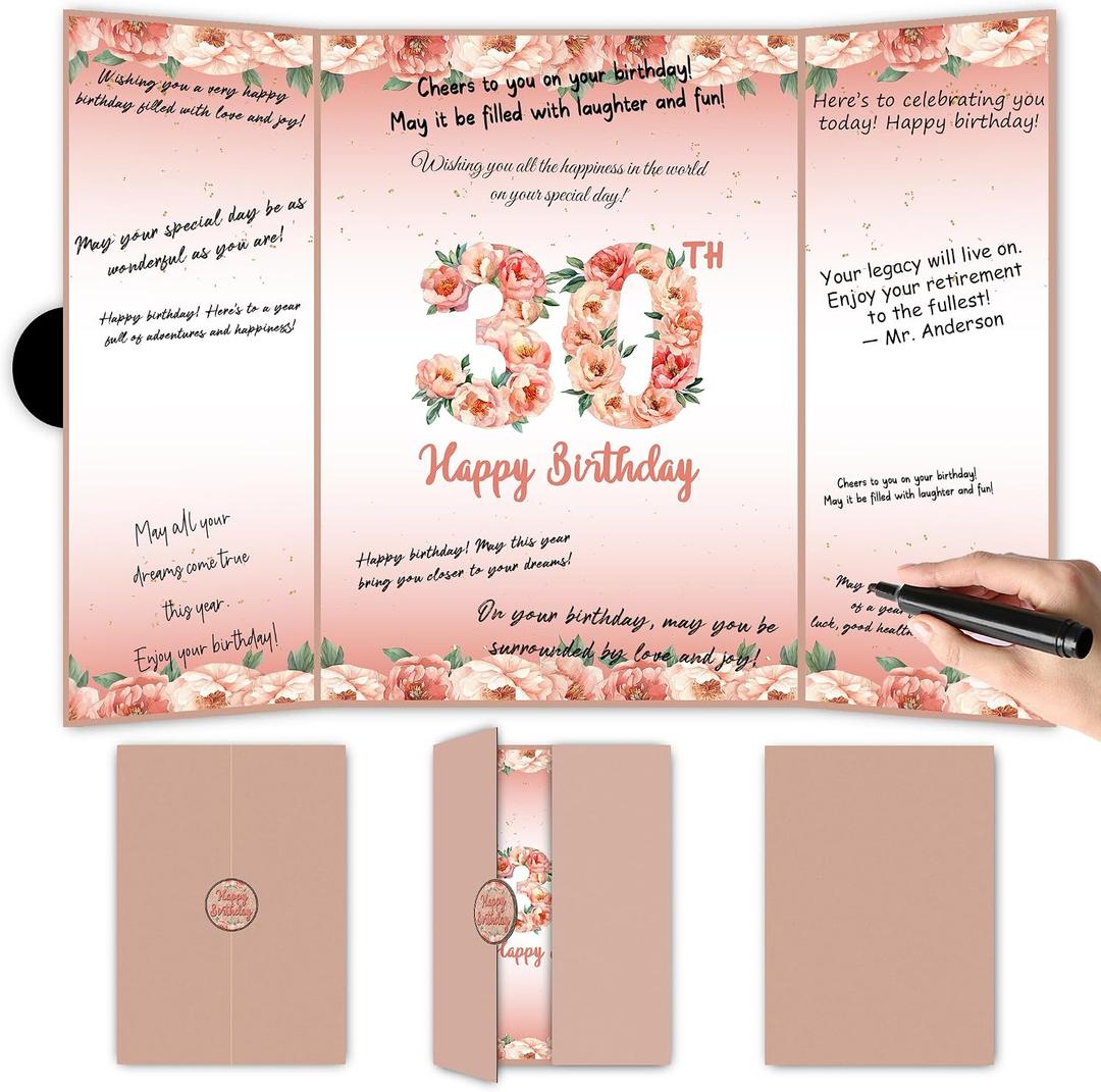 Rose Gold 30th Birthday Party Decorations, Floral Theme Happy 30th Birthday Guest Book for Men Women 30 Years Old Birthday Signature Guest Book