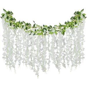 ARTKAIKE Artificial Flowers Garland for Home Decor, Fake Wisteria Vine Silk Hanging Plant Flower for Room Bathroom Wall Kitchen Bedroom Garden Outdoor Wedding Decor (4, White)