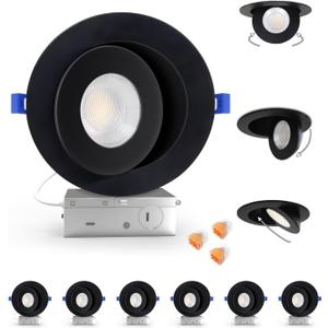 Aosclex 6 Inch 5CCT Gimbal LED Recessed Lighting with Jbox, 360+90 Adjustable Directional Downlight, Dimmable Eyeball Canless Recessed Lights, 2700K-5000K Selectable, 15W 1700LM, ETL (Black, 6 Pack)