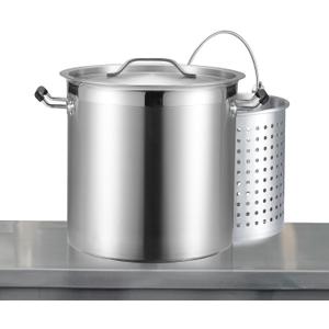 NSF 20 Quart Large Stock Pot with Lid and Basket, 18/8 Stainless Steel, 3-Ply Clad Base, Commercial Cookware for Soup, Stew & Sauce, Dishwasher Safe, 11.8"D x 12.8"W x 11.8"H, Induction Ready