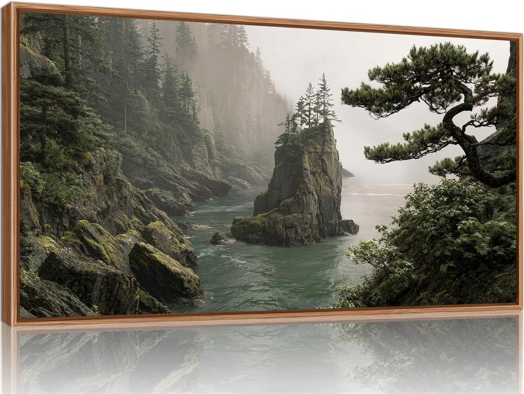 Rantodecor Coastal Forest Framed Canvas Wall Art, Pacific Northwest Coast landscape Wall Decor, Nature PNW Mountain Sea Art Paintings, Sage Green Pine Artwork for Bedroom Living Room Office 40"x20"