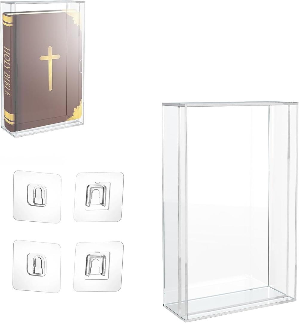 Clear Acrylic Bible Display Case with Adhesive Buckle, 10.2 x 7 x 2.4 Inch Vertical Wall Mounted & Tabletop Use Book Protector for Collectors to Display and Storage Bibles, DVDs