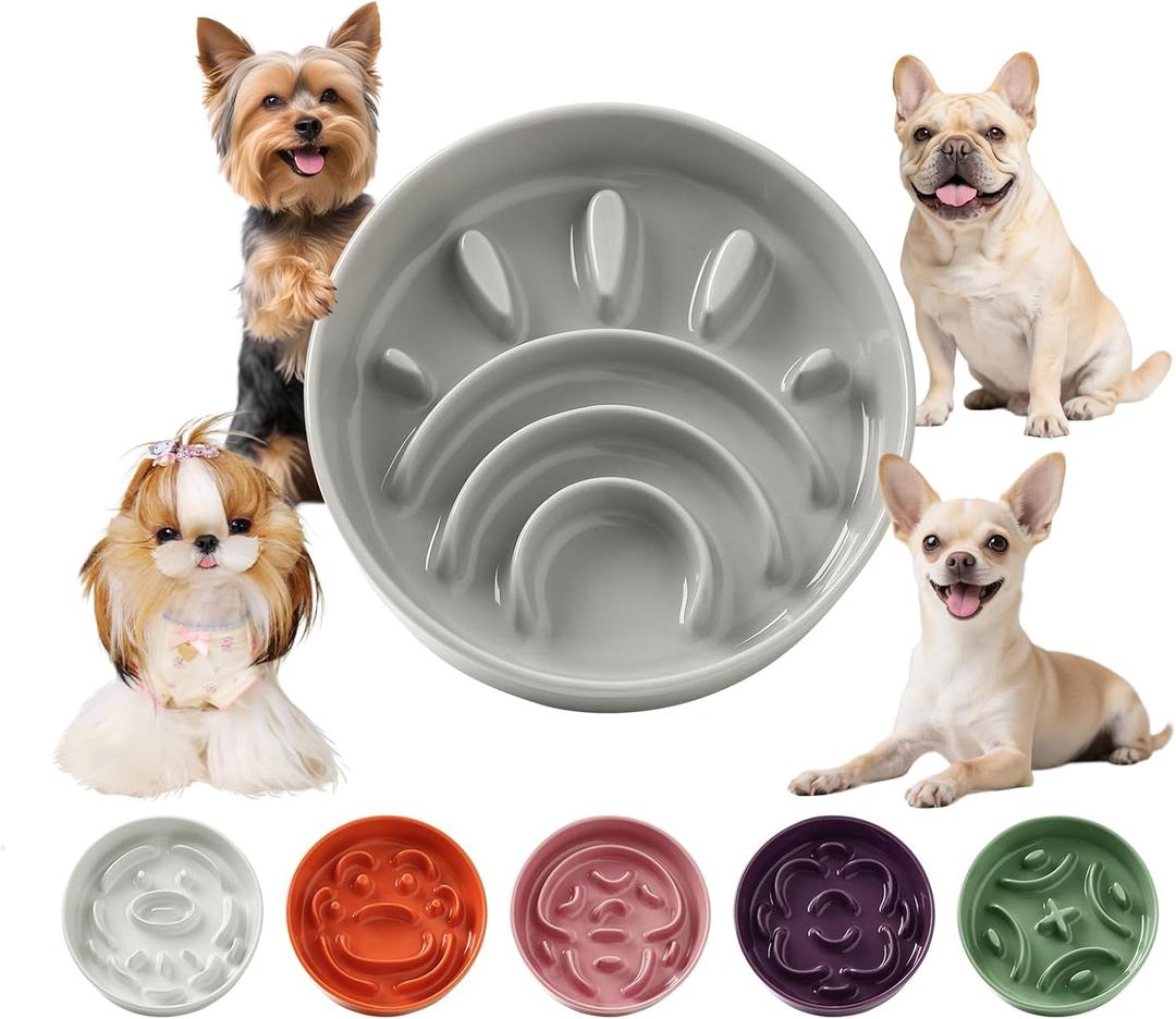Ceramic Dog Slow Feeder Bowl - Small Dog Food Dish with Maze Puzzle Design - Slow Eating Puzzle Feeder for Pet Feed & Food Control - Whisker-Friendly Bowl for Cat Feeding - 6.3 Inch - 180 g - Grey