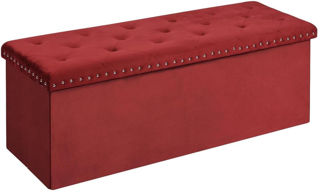 B FSOBEIIALEO Luxury Velvet Fabric Storage Ottoman Bench, Extra Large 140L Toy Chest Storage Boxes Footrest Bench for Bedroom, 43 Inches Red, 43.3x15.7x15.7 inches