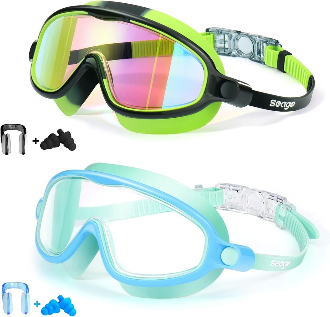 Seago Swim Goggles 2 Pack Anti-Fog Anti-UV Wide View Swimming Goggles for Kids 3-14 (Light Blue & Black/Green)