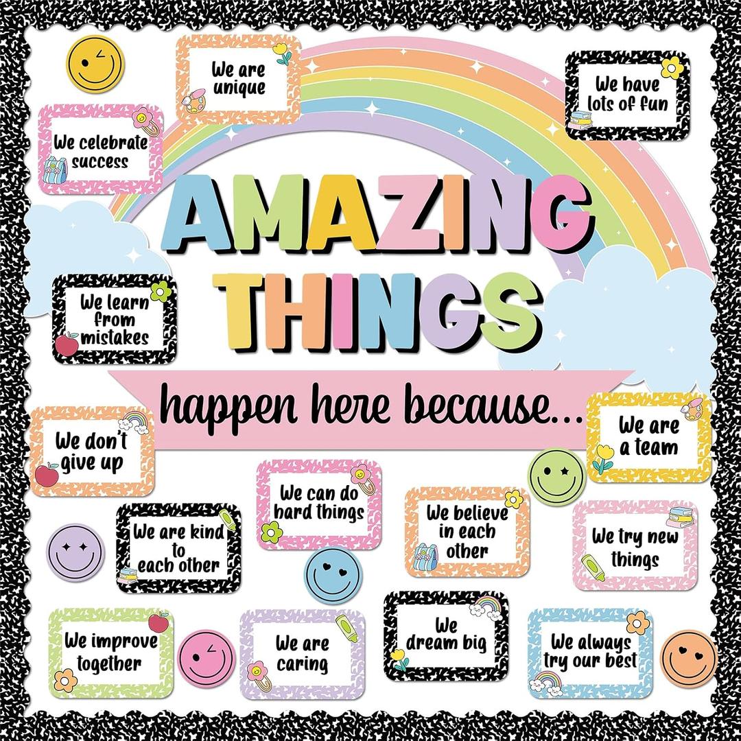 3 x Pastel Rainbow Amazing Things Happen Here Bulletin Board Set Composition Notebook Classroom Decor Motivational Saying Cutouts for Back to School Teacher Supplies Classroom Chalkboard Wall Door Decor
