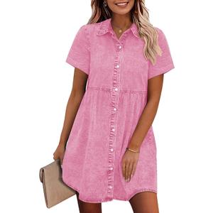 GRAPENT Denim Dress for Women Babydoll Tiered Short Sleeve Button Down Jean Shirt Dresses, Pink, Size 12