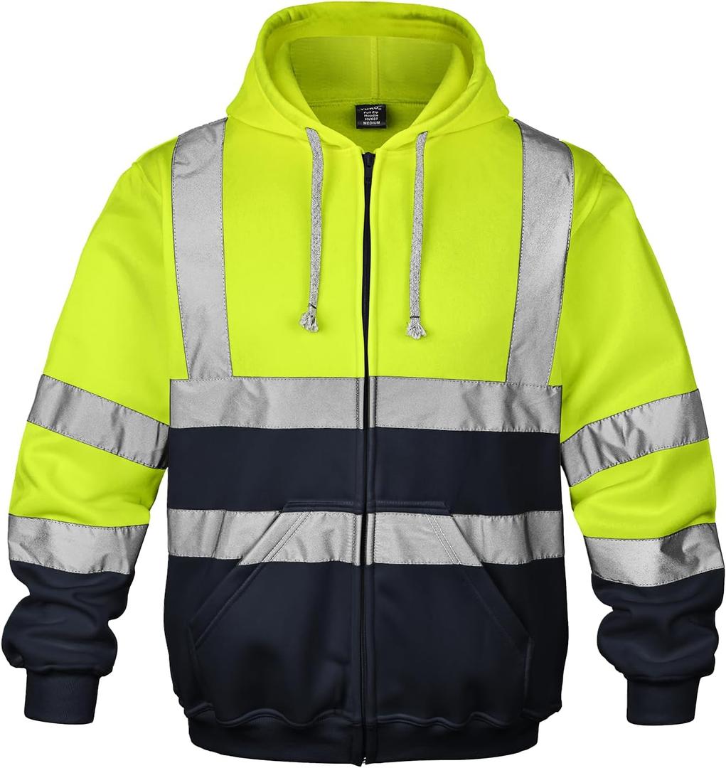 wefeyuv Hi Vis Men's Solid Color Reflective Visibility Sweatshirts Pullover (Medium, Zip-yellow/Navy)