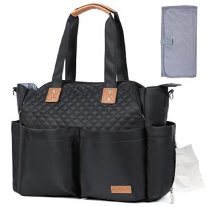 Lekebaby Diaper Bag Tote, Large Diaper Bags Waterproof, Large Mommy Bag for Hospital, Baby Bags for Mom Travel Diaper Tote Messenger Purse, Quilted Black