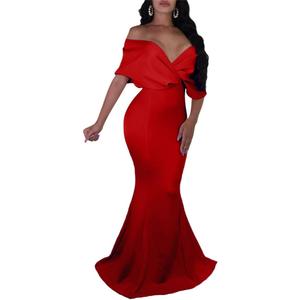 GOBLES Women Sexy V Neck Off The Shoulder Evening Gown Fishtail Maxi Dress (Large, Red)