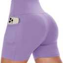 CAMPSNAIL Biker Shorts Women with Pockets - 3"/5"/8" High Waisted Workout Spandex Tummy Control Gym Running Yoga Shorts (Purple), Size S/M