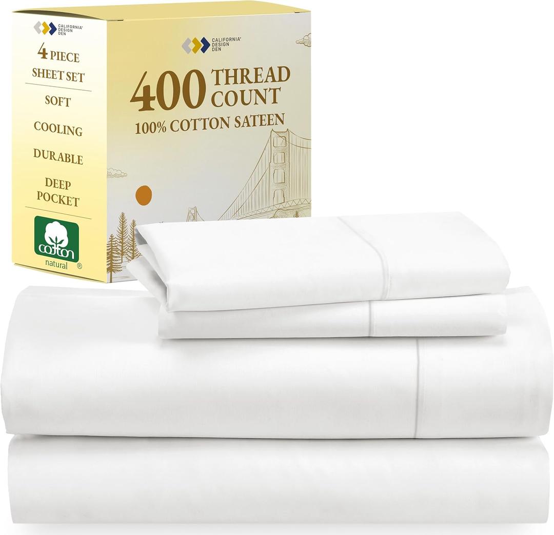 California Design Den Queen Sheet Set - Soft 400 Thread Count Sateen, Natural 100% Cotton Sheets, Deep Pockets with All Around Elastic for a Snug Fit, Cool & Durable Bedding Set - Antique White