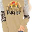 MOUSYA Thankful Blessed T-Shirt Thanksgiving Colorful Turkey Tshirt Women 3/4 Sleeve O-Neck Striped Splicing Tops Tees (XX-Large)