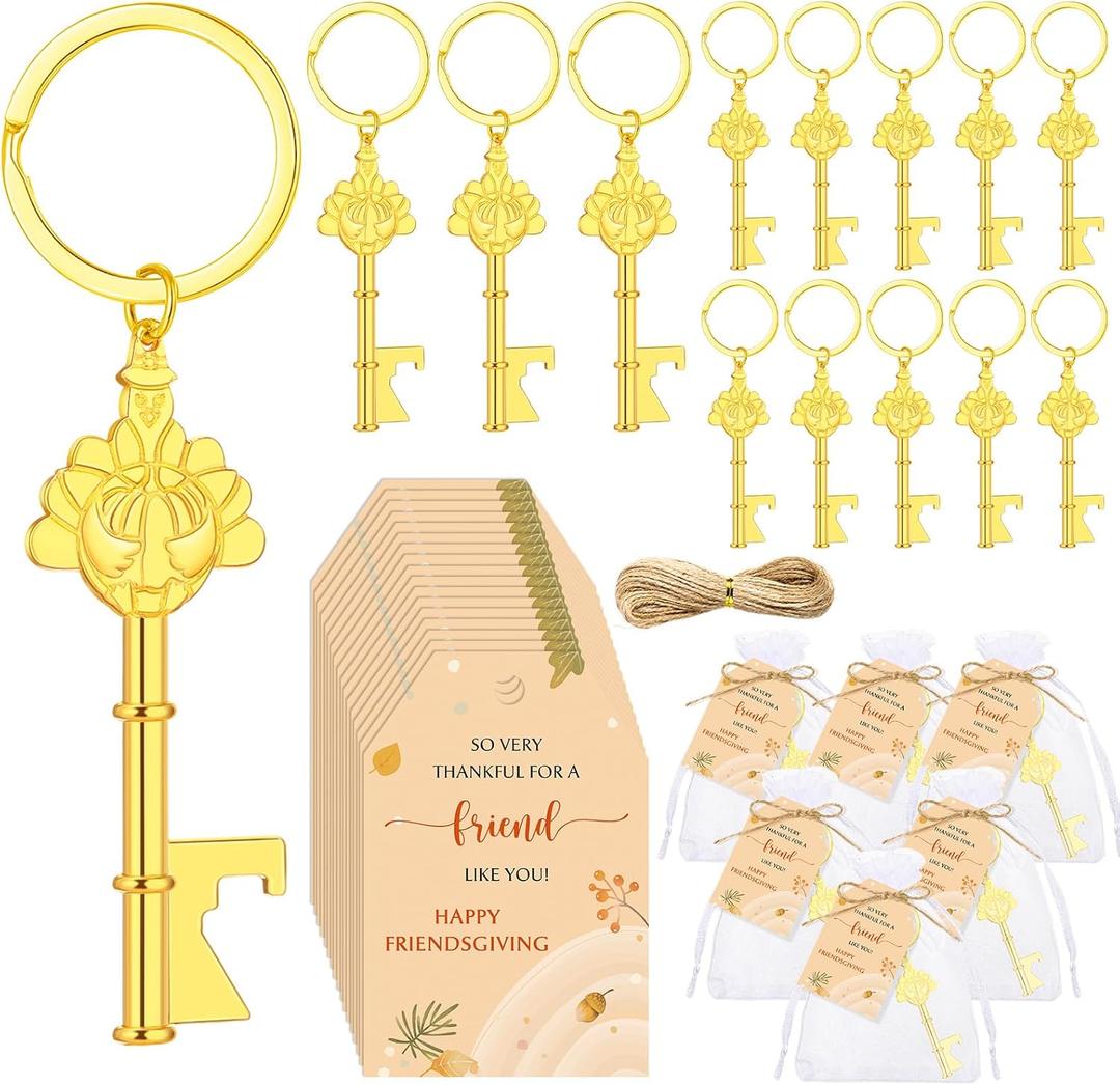 24 Sets Happy Friendsgiving Gifts Thanksgiving Gold Turkey Keychain Fall Bottle Opener Beer Beverage Can Friendsgiving Party Favor for Guest Autumn Party Souvenir