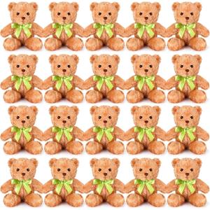Hungdao 24 Pcs Bear Bulk Plush Stuffed Animals 10 Inch Cute Soft Stuffed Bear with Green Bow for Valentine's Day Wedding Baby Shower Birthday Party Gift Christmas(Light Brown)