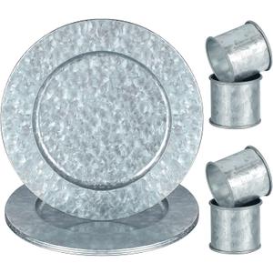 Charger Plates 13 Inches Chargers for Dinner Rustic Galvanized Charger Plates Napkin Ring Farmhouse Napkin Modern Rings for Dinning Table Decor, Simple, Silver(4 Sets)