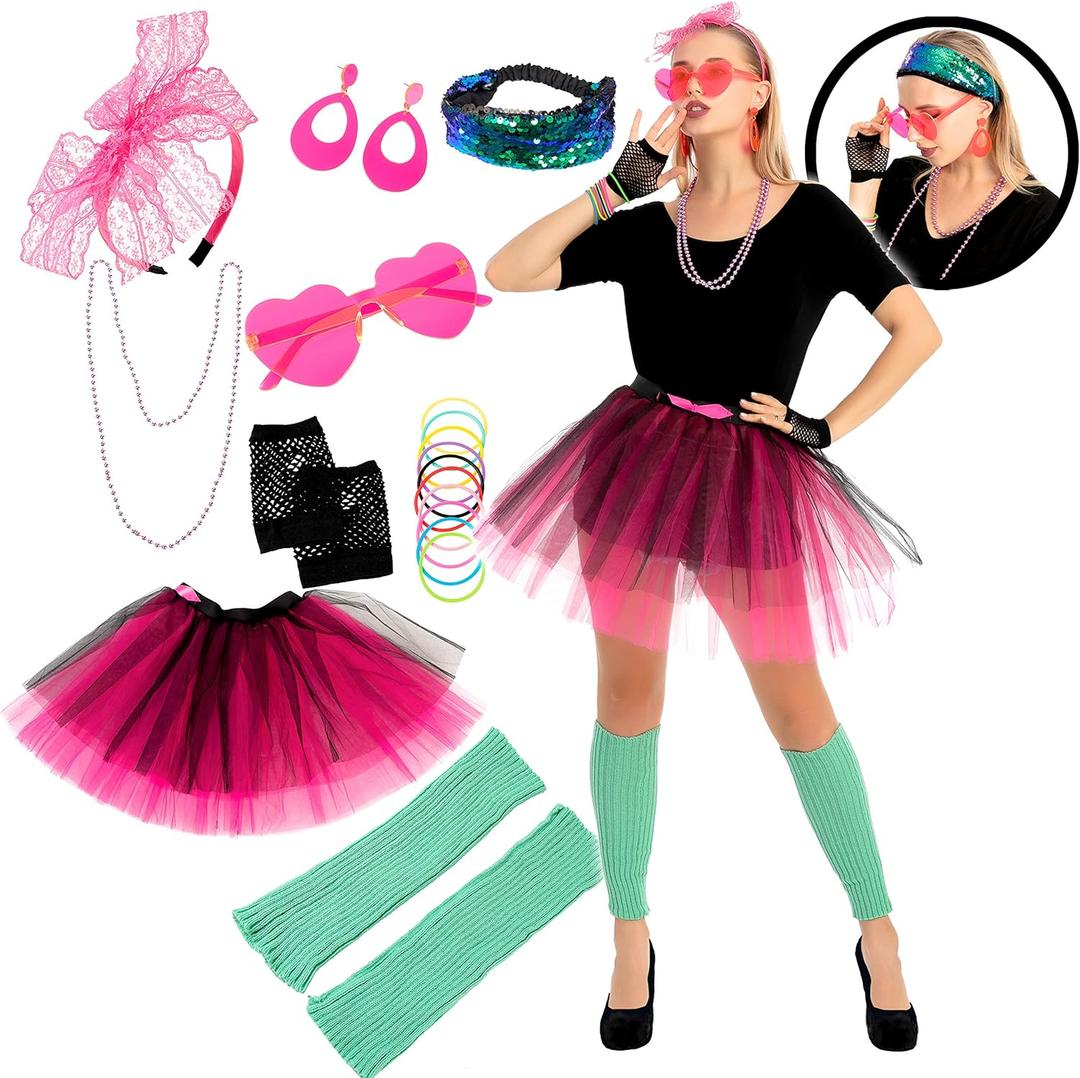 Spooktacular Creations 9 Pcs 80s Costume Accessories Set with Tutu Skirt Headband Glasses Necklace Leg Warmers & Other Accessories for Halloween Cosplay Party