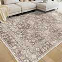 7X9 Area Rugs Machine Washable Rugs for Living Room Bedroom Hallway, Non Slip Indoor Soft Accent Distressed Boho Vintage Print Lightweight Thin Low Pile Carpet (Deep Brown/Gold, 7x9)