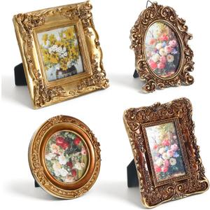 4 Pcs Vintage Small Gold Picture Frames, 4 Style Resin Antique Frames Tabletop Display or Wall Hanging Ornate Baroque Decor