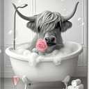ZHIYYHAO Black and White Wall Art Highland Cow in Bathtub Canvas Wall Art Framed Funny Cow with Roses Graffiti Highland Cow Paintings Canvas Prints for Hallway Decor Bedroom Living Room Nursery Home Decor （A-8，24.00L" X 16.00W''）