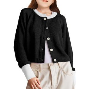 Girls Cardigan Sweater Kids Color Block School Uniforms Button Down Long Sleeve Knit Tops Tweens Winter Clothes (Black)