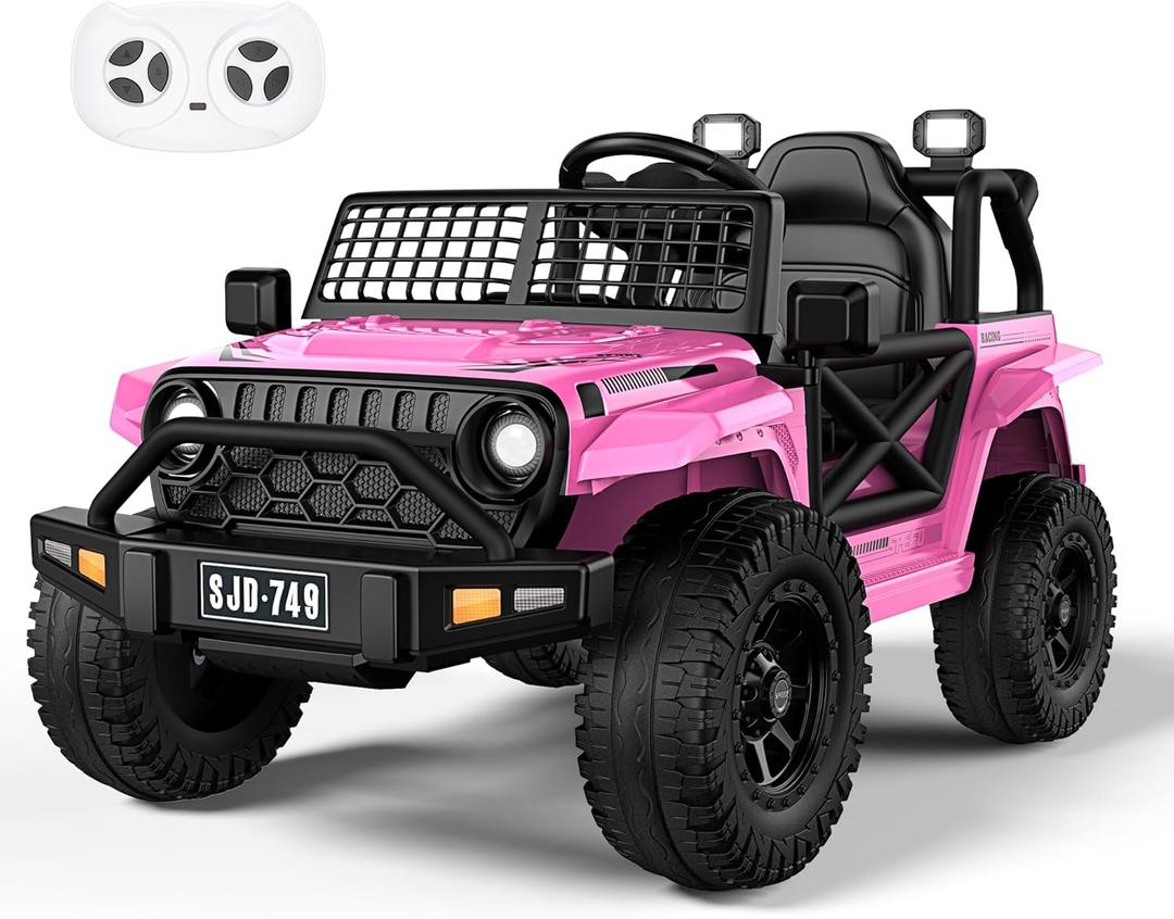 Evmore 12V Kids Toddler Ride On Truck Electric - 7Ah Large Battery Electric Vehicles with Remote Control, 2 Speeds, LED Lights, Horn, Music for Kids Pink